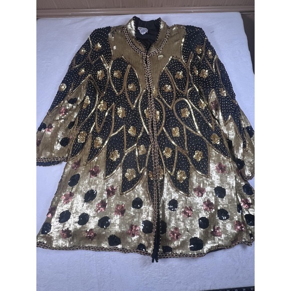 Vintage Gunit Fashions Jacket Womens 3X Gold Silk Sequin Beaded Party 80s